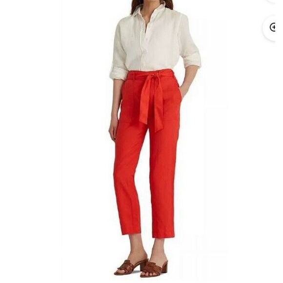Lauren Ralph Lauren Island Hibiscus Red Straight Crop Leg Pants Size 14p 14 NWT - Picture 1 of 9